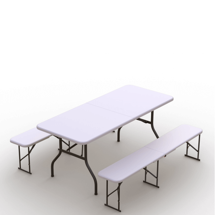 Zestaw cateringowy ogrodowy – stół 180 biały, 2 ławki białe 1