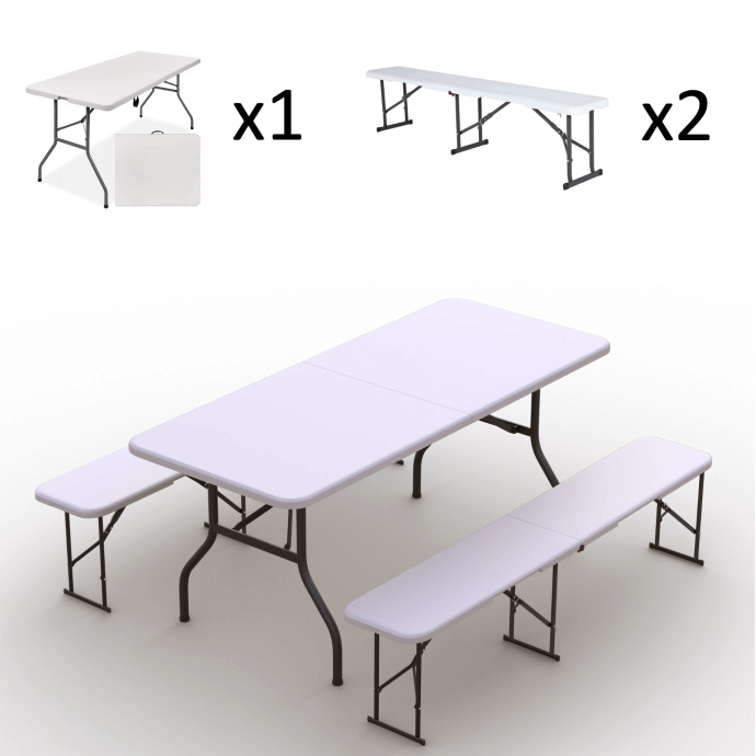 Zestaw cateringowy ogrodowy – stół 180 biały, 2 ławki białe 2